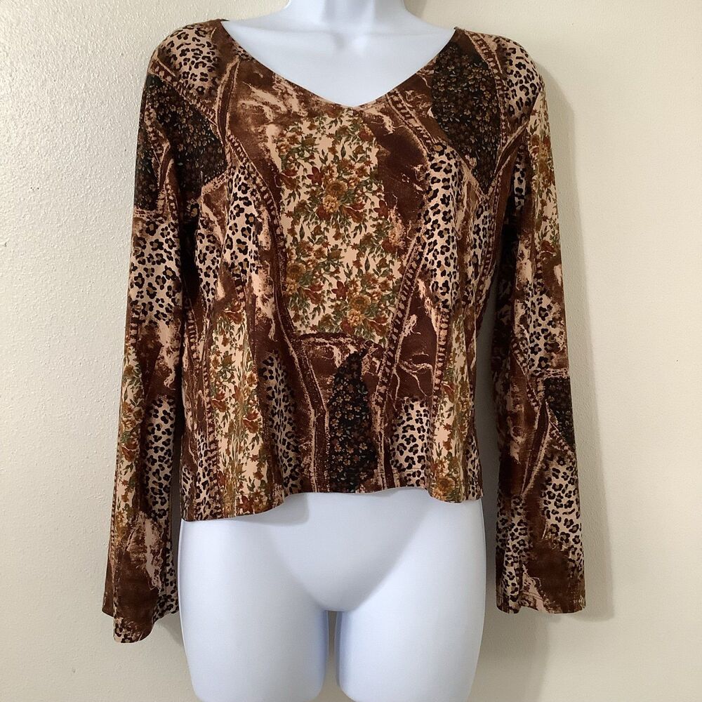 Vintage Y2K 2000s Animal Print Patchwork Artsy Festival‎ Fairy Boho Blouse M